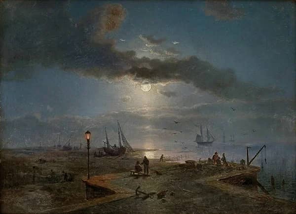 Harbor by Moonlight 1857 by Morten Muller | Oil Painting Reproduction