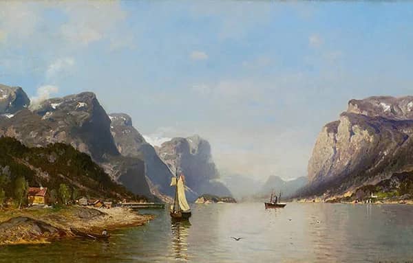 Steamship and Sailboat in a Fjord Landscape 1878 | Oil Painting Reproduction