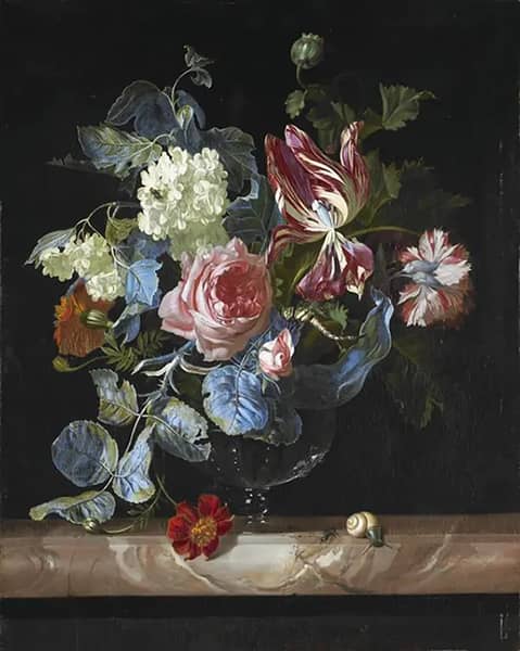 Flowers in a Glass Vase on a Marble Ledge | Oil Painting Reproduction