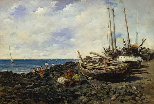 Fishermen with Boats on Shore | Oil Painting Reproduction