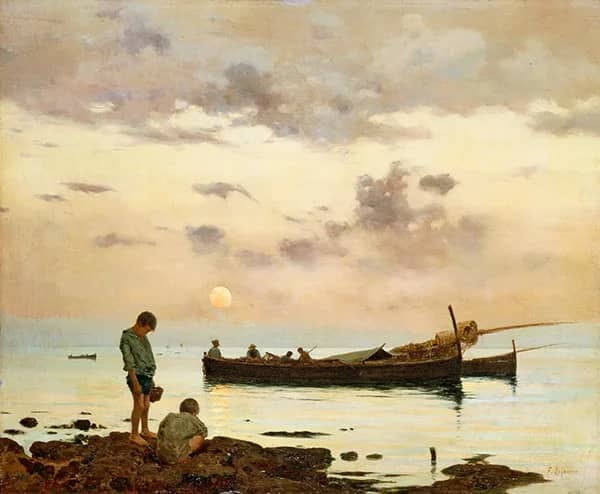Marina with Fishing Boat and Boys | Oil Painting Reproduction