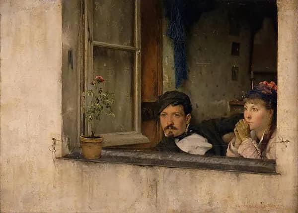 A Young Man and Woman Gaze out a Window 1877 | Oil Painting Reproduction