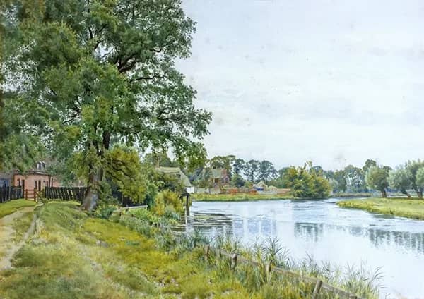 On the Ouse at Hemingford Grey with the Manor House in the Distance | Oil Painting Reproduction