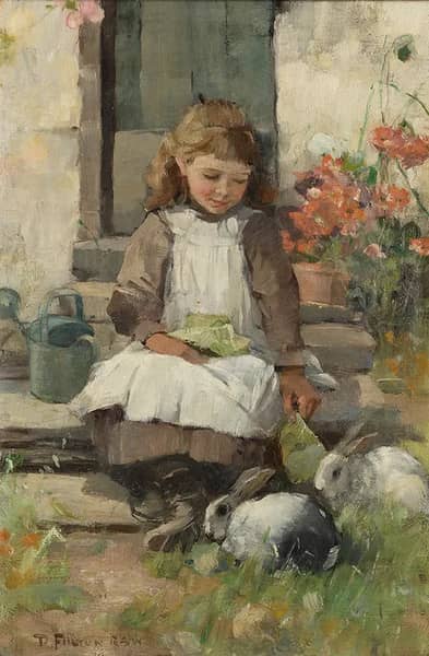 Feeding the Rabbits by David Fulton | Oil Painting Reproduction