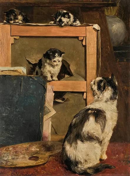 Cats at Play 1859 by Charles van den Eycken | Oil Painting Reproduction