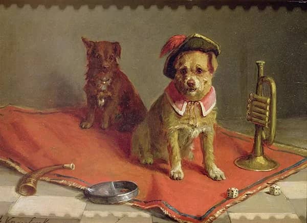 Dog in Military Hat and Collar with Trumpet and Dice | Oil Painting Reproduction