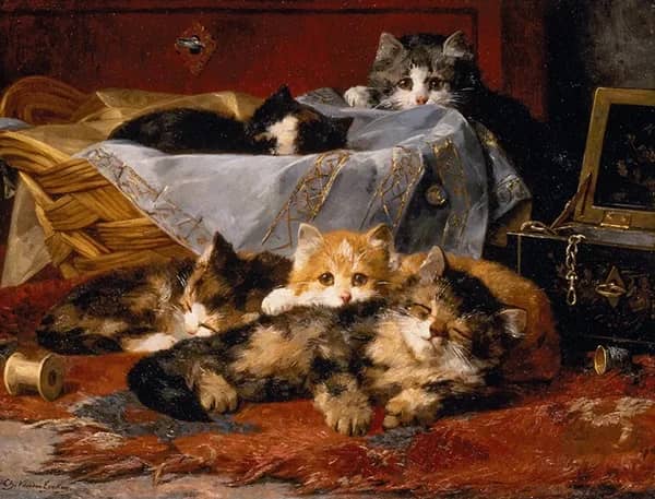 Kittens by a Sewing Basket | Oil Painting Reproduction