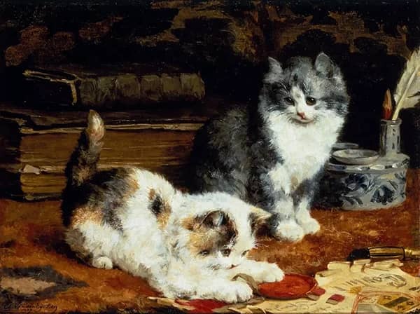 Two Kittens Playing on a Desk | Oil Painting Reproduction