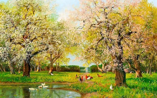 Chickens and Ducks by the Pond | Oil Painting Reproduction
