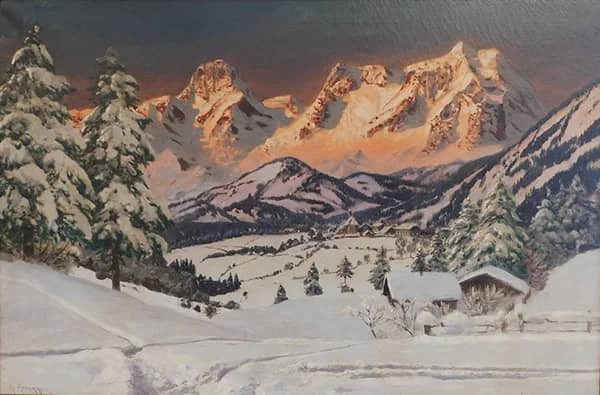 Winter Landscape scene Featuring Snow Covered Mountains | Oil Painting Reproduction
