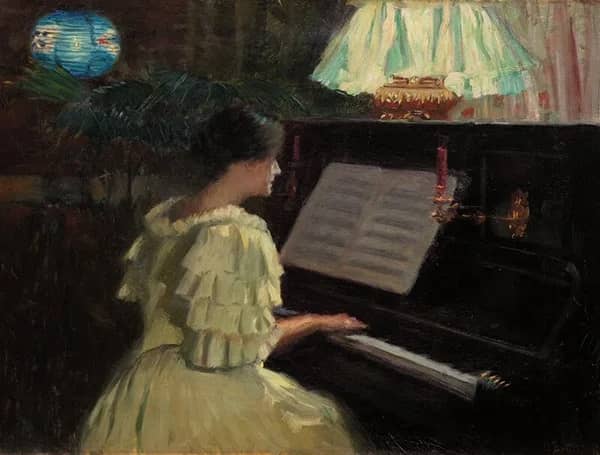 Interior with Woman at Piano by Jacob Bratland | Oil Painting Reproduction