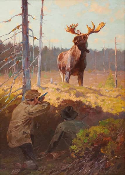 Moose and Hunters by Carl Rungius | Oil Painting Reproduction