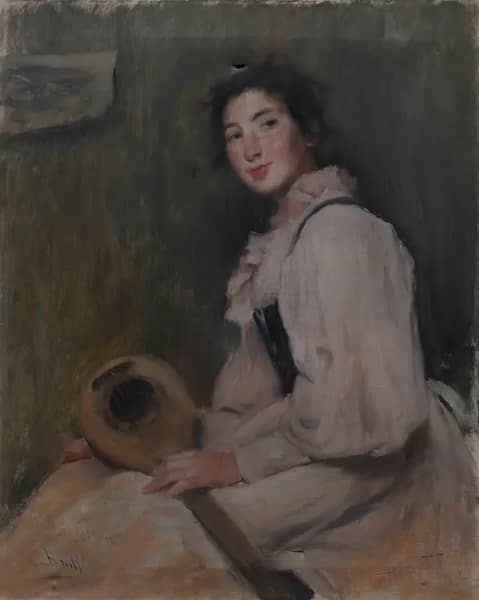 A Young Woman with a Mandolin by Joan Brull | Oil Painting Reproduction