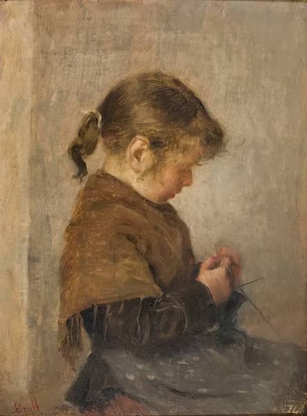 Darning a Stocking 1891 by Joan Brull | Oil Painting Reproduction