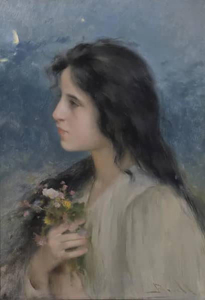 Night Portrait Girl with Flowers by Joan Brull | Oil Painting Reproduction