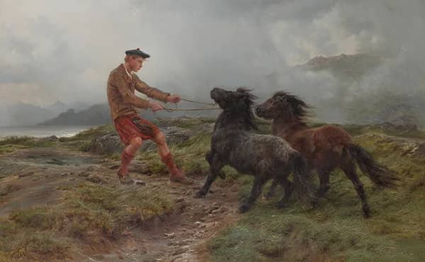 A Ghillie and Two Shetland Ponies in a Misty Landscape 1861 | Oil Painting Reproduction