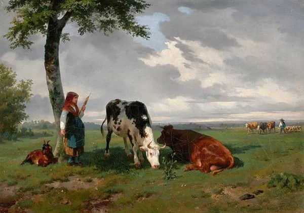 Shepherdess and Two Cows in a Meadow | Oil Painting Reproduction
