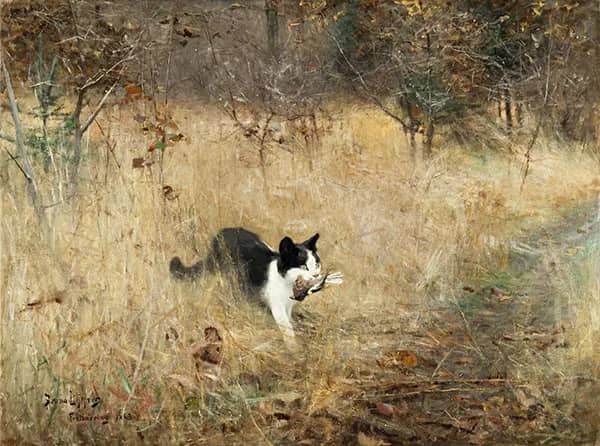 Cat Goes Birdhunting 1883 by Bruno Liljefors | Oil Painting Reproduction