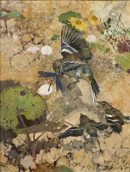 Chaffinches and Dragonflies 1885 | Oil Painting Reproduction