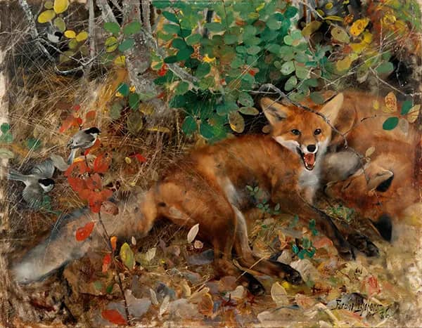 Fox in Forest Landscape by Bruno Liljefors | Oil Painting Reproduction