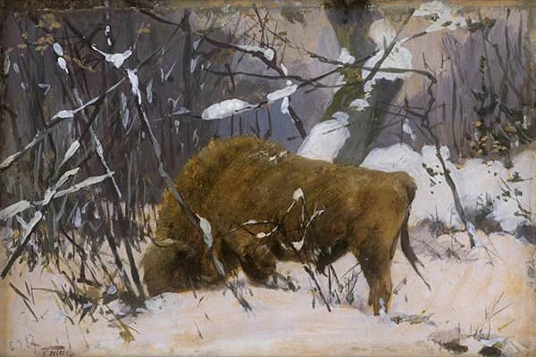 Bison in the Winter Forest of the Rominter Heide | Oil Painting Reproduction