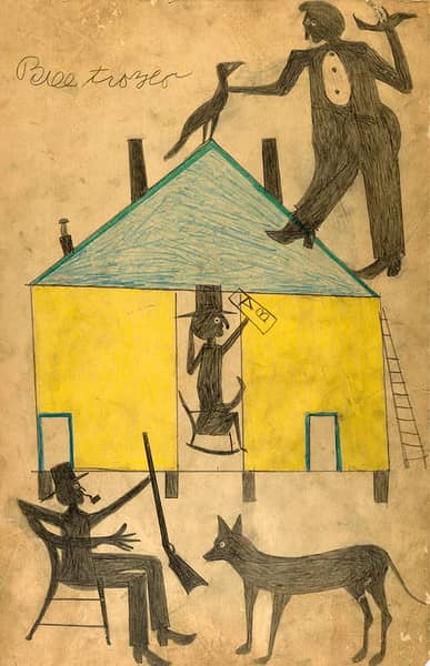 Yellow and Blue House with Figures and Dog 1939 | Oil Painting Reproduction