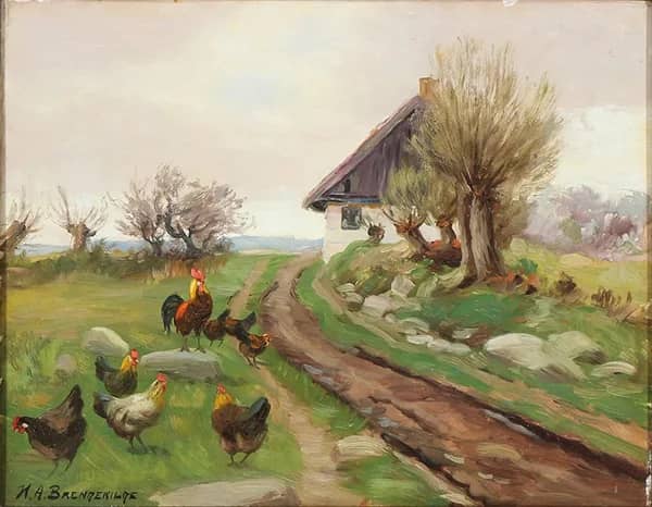 Farmhouse Exterior with Chickens | Oil Painting Reproduction