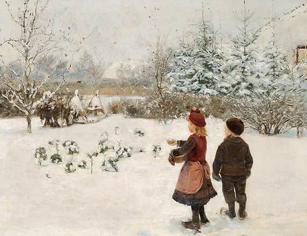 Two Children Feeding Birds in the Snow | Oil Painting Reproduction