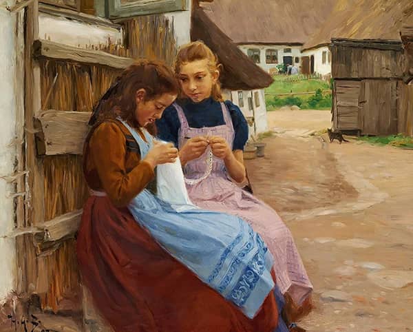 Two Girls with Needlework Sitting in a Courtyard 1902 | Oil Painting Reproduction