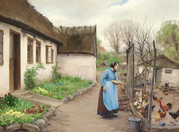 Woman Feeding Chickens in front of a Whitewashed Farmhouse on an Autumn Day | Oil Painting Reproduction