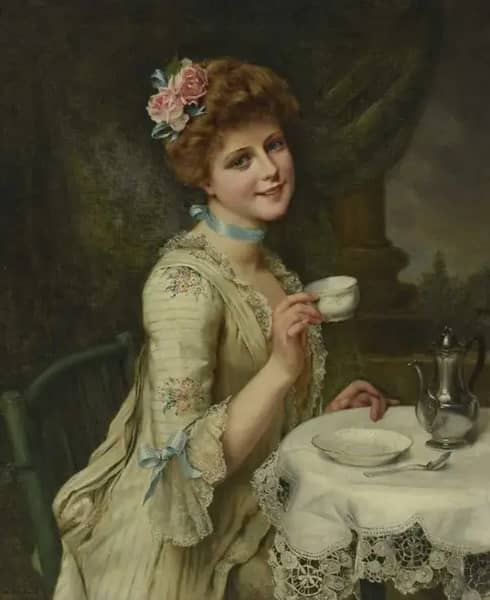 Elegant Young Woman Taking Tea | Oil Painting Reproduction