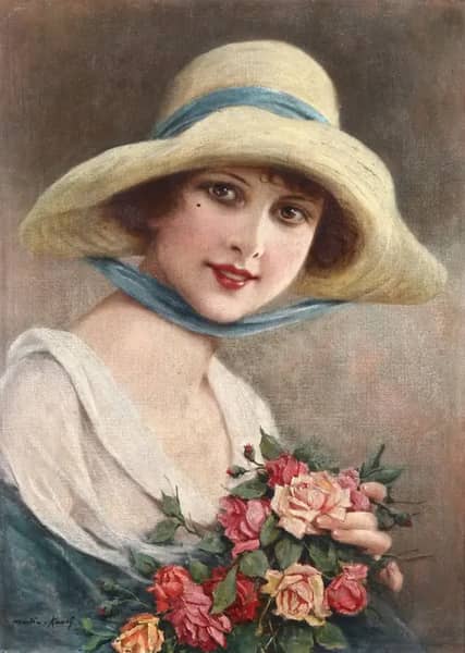 Vintage Lady with Bouquet of Roses | Oil Painting Reproduction