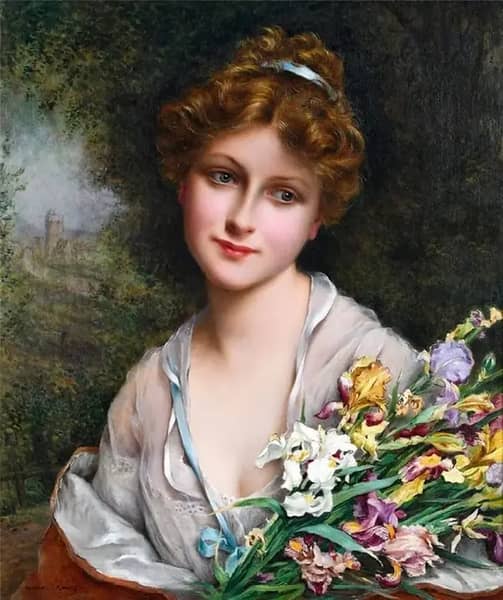 Young Beauty with a Bouquet of Irises | Oil Painting Reproduction