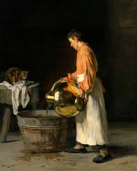 Domestic Scene Boy With Water Pitcher and Cat | Oil Painting Reproduction