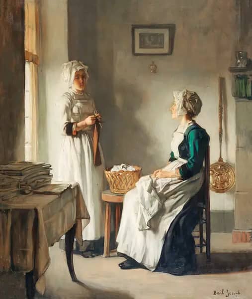 Interior with Two Women Folding Sheets | Oil Painting Reproduction