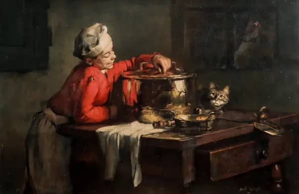 Kitchen Boy with a Cat by Claude Joseph Bail | Oil Painting Reproduction