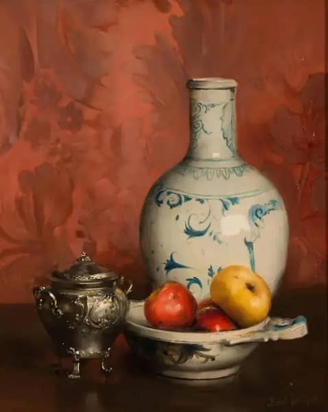 Still Life Apples in a Porcelain Dish a Blue and White Vase and a Silver Sugar Bowl | Oil Painting Reproduction