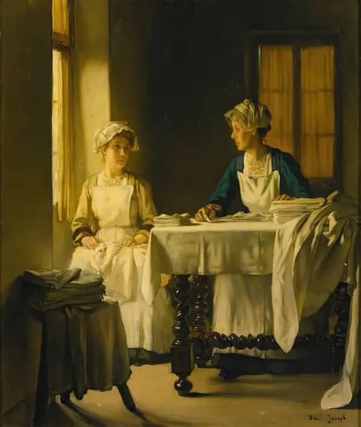Two Women Folding Sheets by Claude Joseph Bail | Oil Painting Reproduction