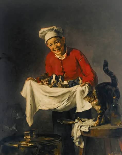 Young Kitchen Boy With Puppies and Kittens | Oil Painting Reproduction