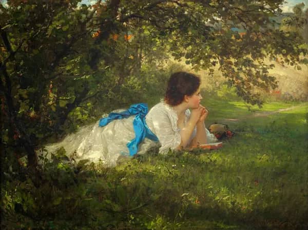 Girl in a Blue Sash by Wilhelm Amberg | Oil Painting Reproduction