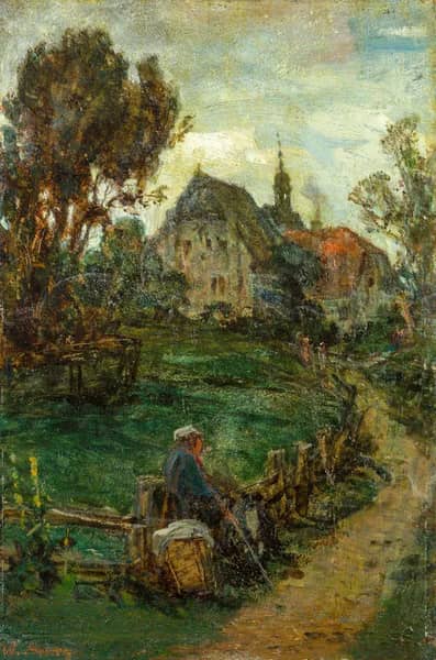 Resting Traveler in Front of a Large Farm Estate | Oil Painting Reproduction