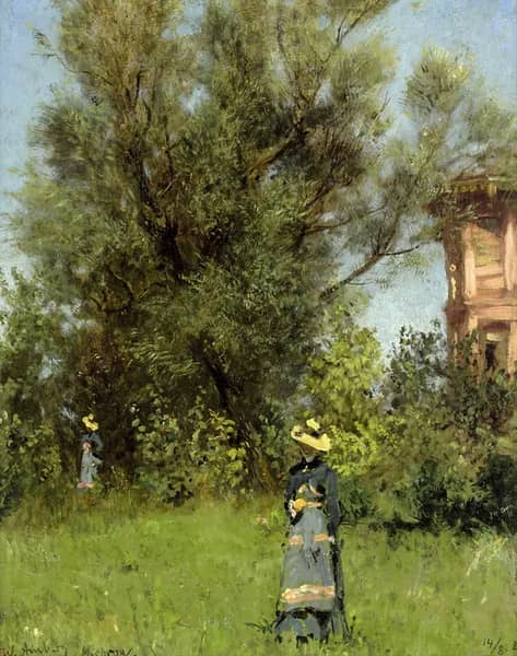 Two Women in the Garden 1882 by Wilhelm Amberg | Oil Painting Reproduction