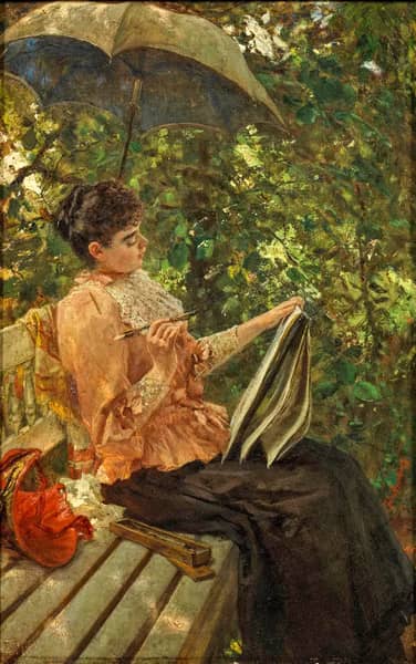Young Lady with Sketchpad and Pencil on a Bench | Oil Painting Reproduction