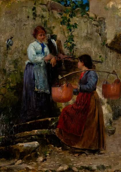 A Chat Beside the Fountain | Oil Painting Reproduction