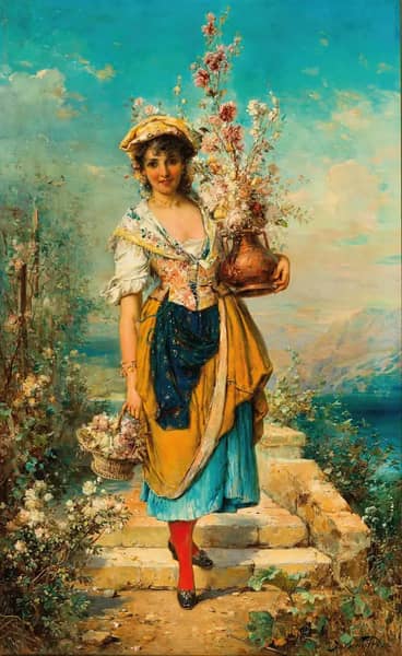 A Beautiful Flower Girl by Hans Zatzka | Oil Painting Reproduction