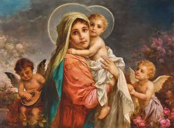 Madonna and Child With Putti by Hans Zatzka | Oil Painting Reproduction