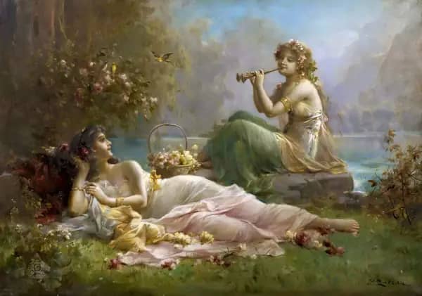 Two Nymphs by the Water by Hans Zatzka | Oil Painting Reproduction