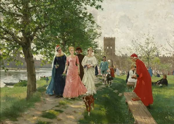 Dante Meets Beatrice 1903 by Raffaello Sorbi | Oil Painting Reproduction