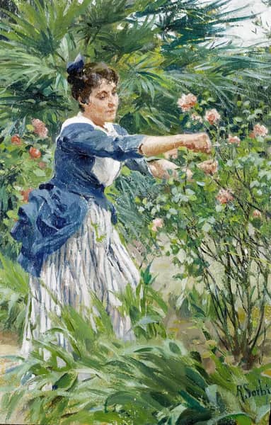 Pruning the Roses by Raffaello Sorbi | Oil Painting Reproduction