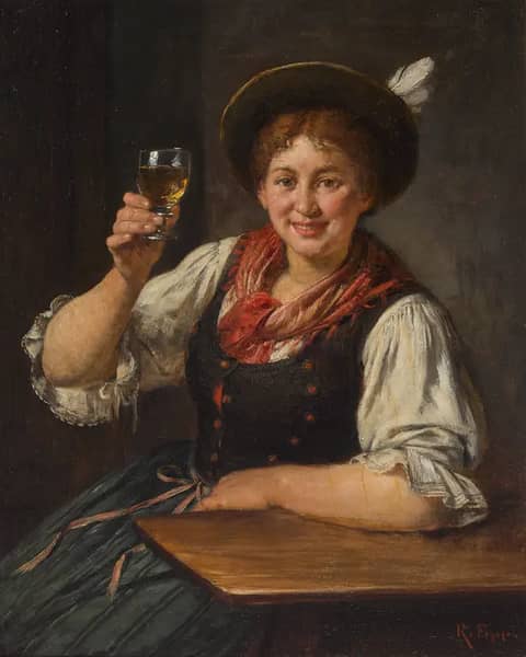 Dirndl with Raised Wine Glass by Rudolf Epp | Oil Painting Reproduction